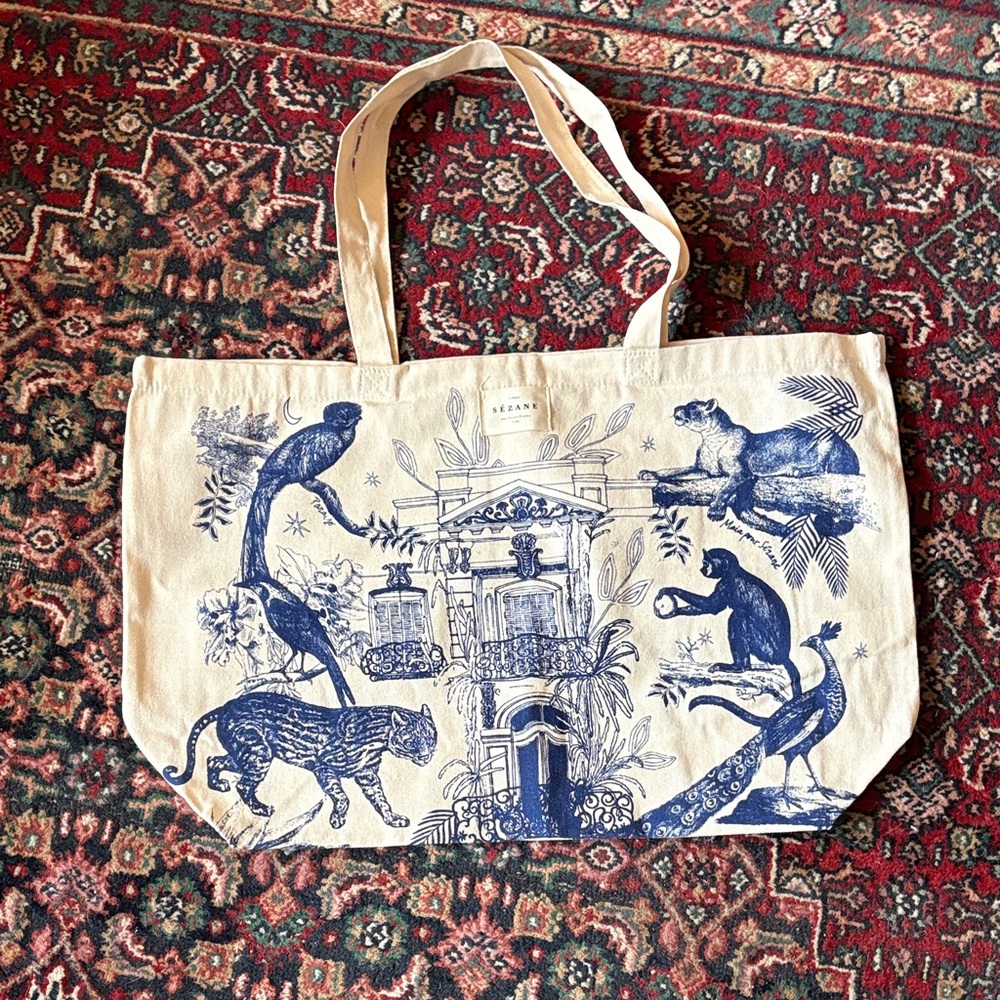 Sezane Beige Tote Bag with Blue Animal Print